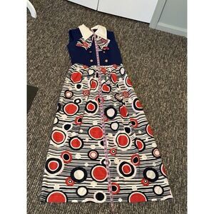 Vtg Mod Geometric Print Maxi Dress Red White & Blue 60s 70s Retro Hostess Op Art